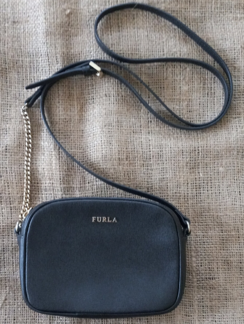 Genuine Furla Black Leather Crossbody with Gold Chain Accent